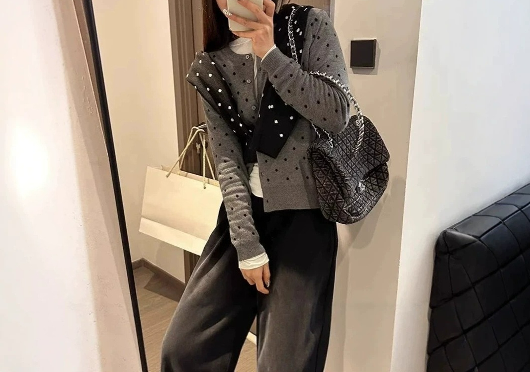 Crew Clothing Summer Jacket - Gray Polka Dot Knitted Cardigan Women's