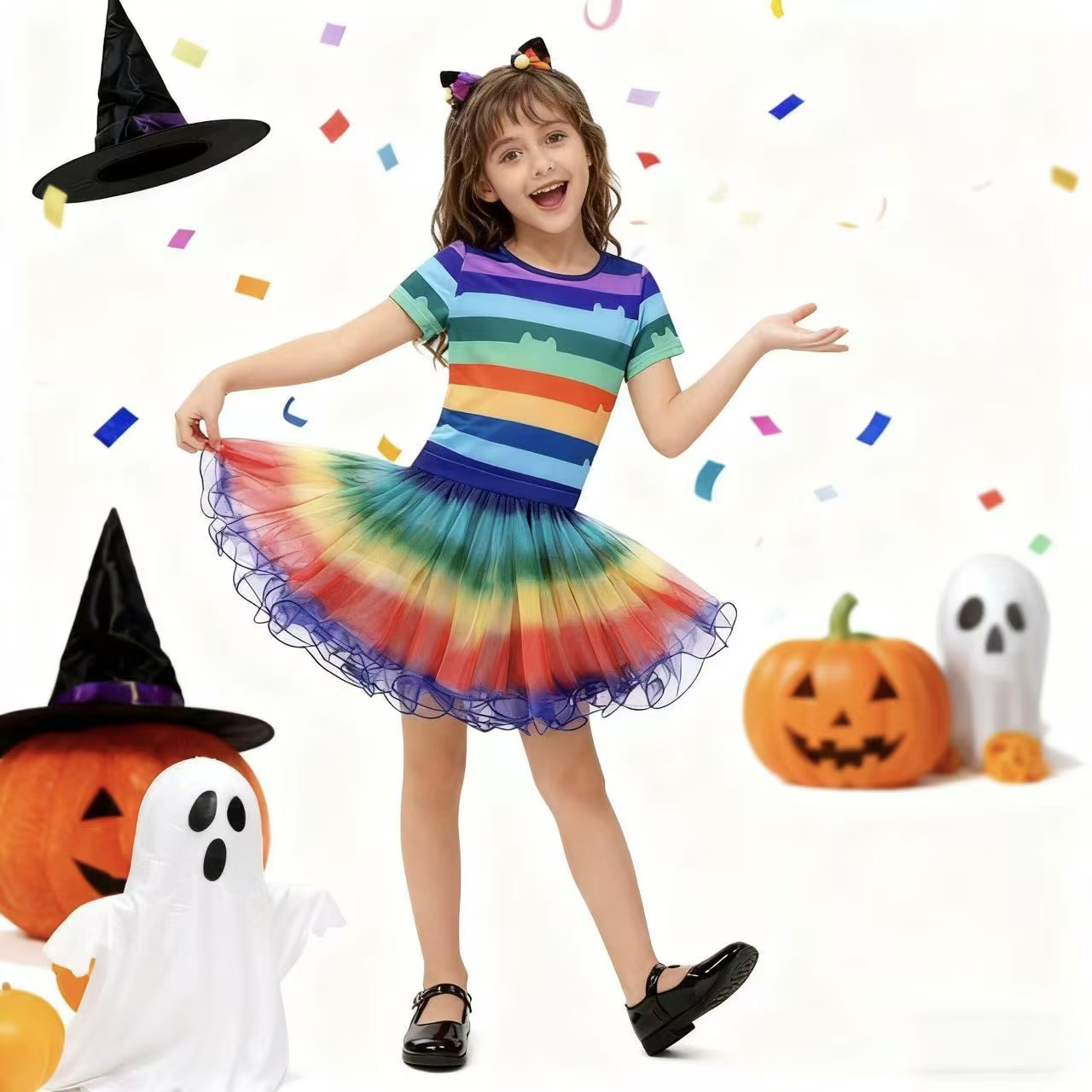 Summer Dresses Yours Clothing - Girls Rainbow Striped T-Shirt Tutu Skirt