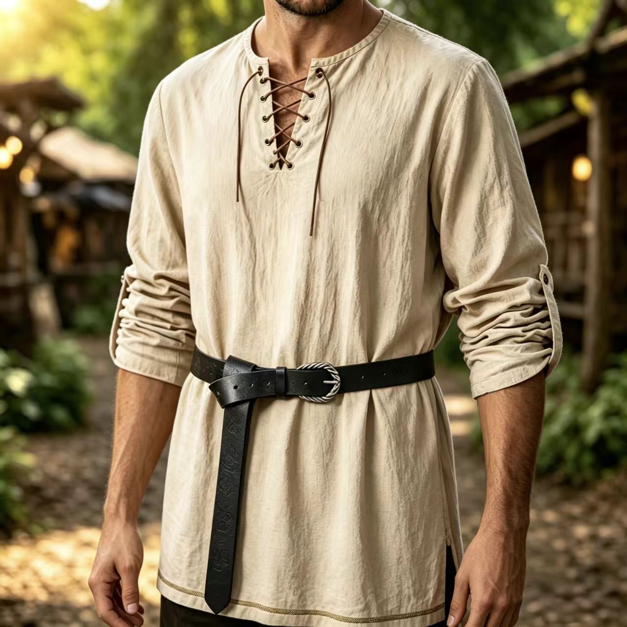 Men Medieval Lace Up Linen Lon - Summer Viking Clothing ulasan dan harga